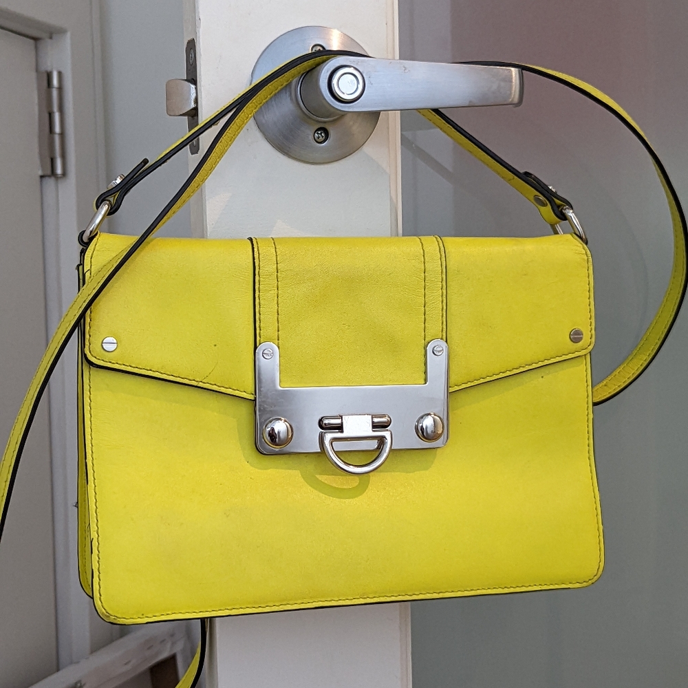 MILLY Neon Yellow Lime Leather Cross Body Luxe Buckle Bag - Picture 8 of 12